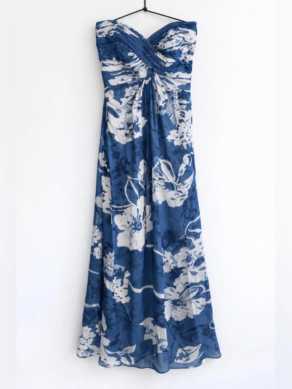 Tadashi Shoji Silk Strapless Floral Midi Dress Blue Pleated Formal 4 - Picture 3 of 13